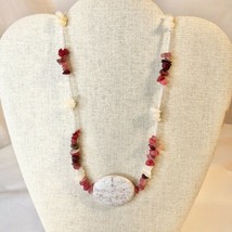 Handcrafted Beaded Necklace White &amp; Pink Stones Large Marbles Beads Text... - $24.75