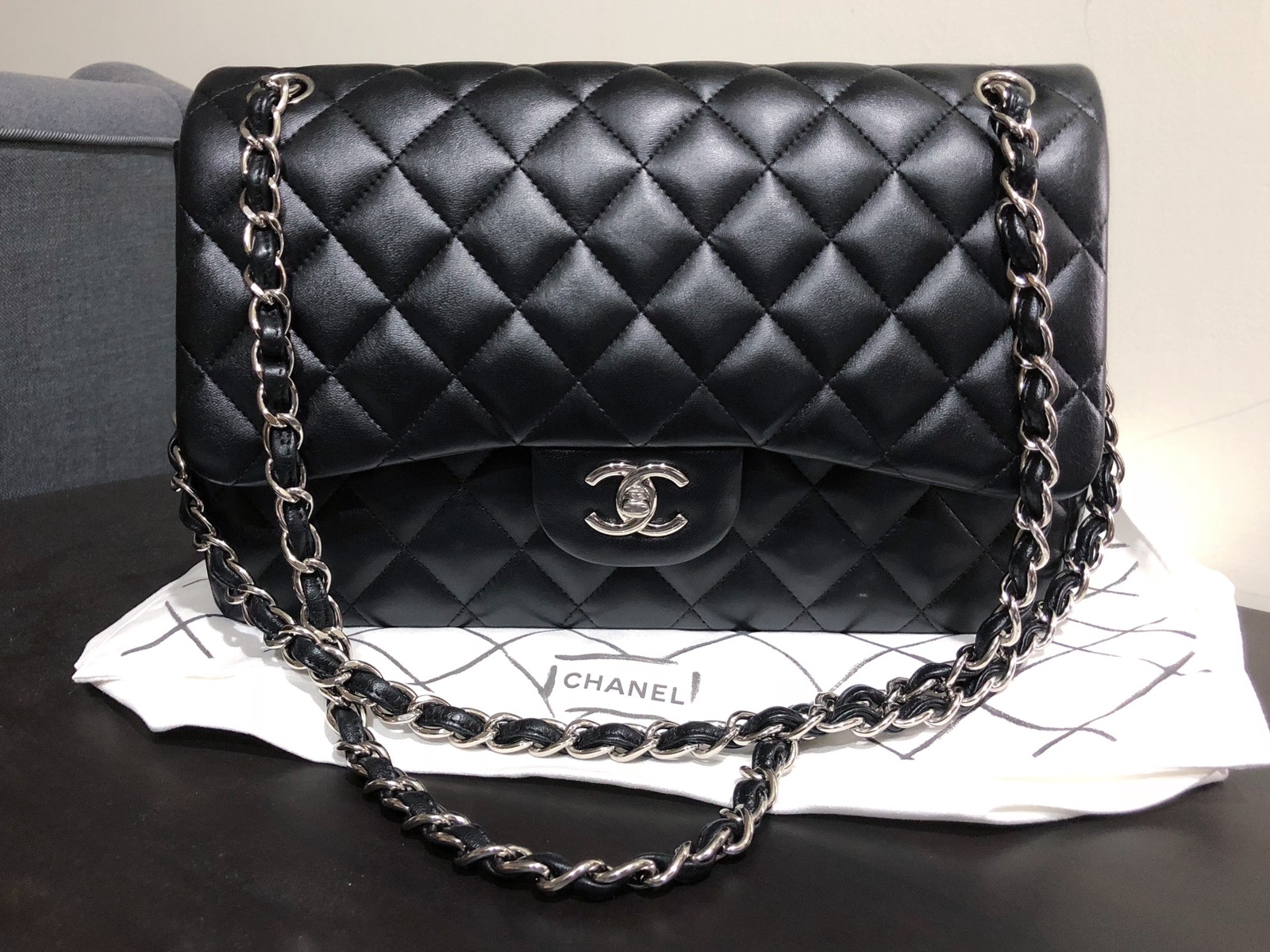 100% Authentic Chanel BLACK QUILTED LAMBSKIN JUMBO CLASSIC DOUBLE FLAP BAG  SHW