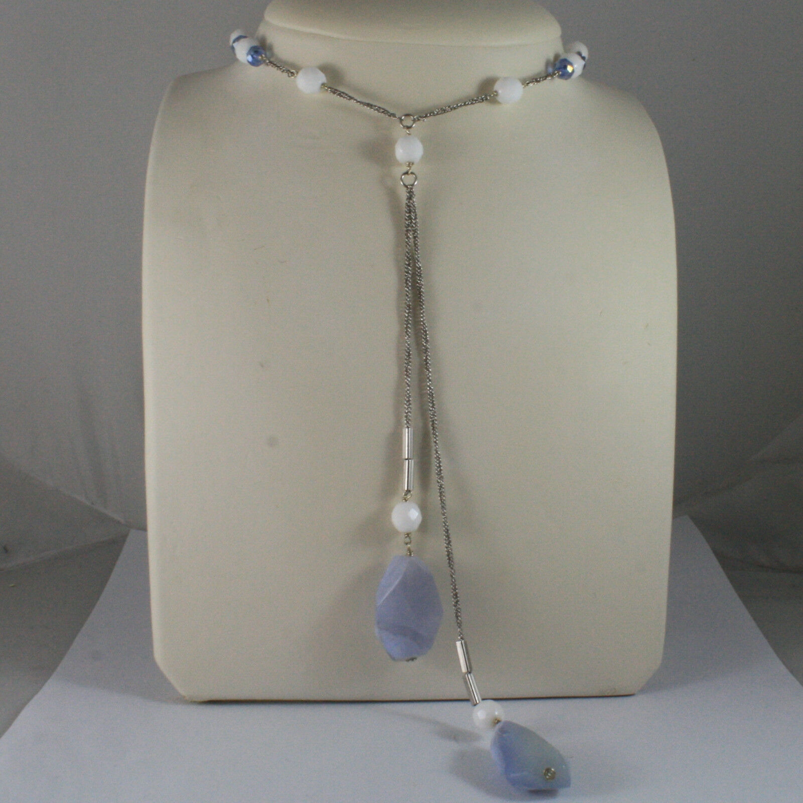 Primary image for .925 SILVER RHODIUM NECKLACE WITH  BLUE AND WHITE AGATE AND BLUE CRISTALS