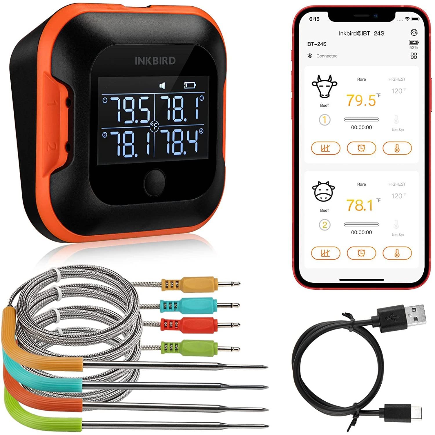 Inkbird Wifi Grill Meat Thermometer IBBQ-4T with 4 Colored Probes, Wireless  Bar
