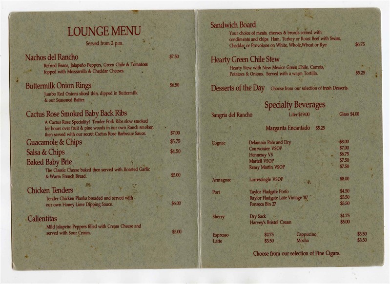 Cactus Rose Lounge Menu Calientitas Menus