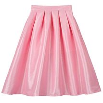 Women Pink Full Pleated Party Skirt A Line High Waist Knee Length Taffeta Skirt 